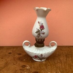 Vintage Miniature Victorian Style Finger Oil Lamp Painted Roses Porcelain- Japan